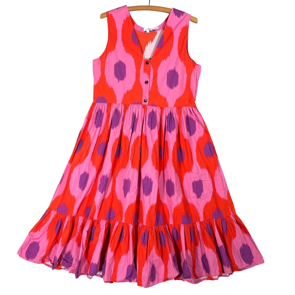 Rhode Tiered Midi Dress Women Size L Red Pink Purple Ikat Cotton Poplin Bohemian